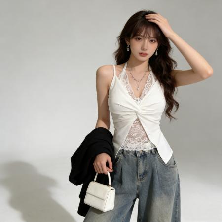 BY13343# 26温柔纯欲风蕾丝拼接扭结吊带背心V领显瘦修身内搭外穿辣妹上衣 服裝批發女裝批發服飾貨源
