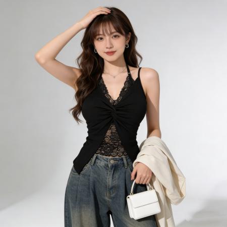 BY13343# 26温柔纯欲风蕾丝拼接扭结吊带背心V领显瘦修身内搭外穿辣妹上衣 服裝批發女裝批發服飾貨源