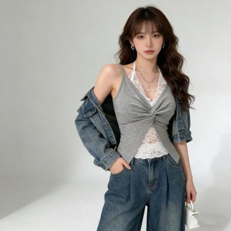 BY13343# 26温柔纯欲风蕾丝拼接扭结吊带背心V领显瘦修身内搭外穿辣妹上衣 服裝批發女裝批發服飾貨源
