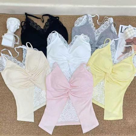 BY13343# 26温柔纯欲风蕾丝拼接扭结吊带背心V领显瘦修身内搭外穿辣妹上衣 服裝批發女裝批發服飾貨源