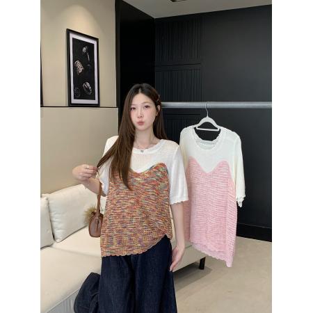 BY13344# 夏季新款胖mm大码女小香风镂空撞色短袖针织衫设计感上衣 服裝批發女裝批發服飾貨源