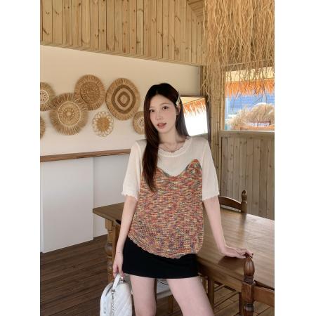 BY13344# 夏季新款胖mm大码女小香风镂空撞色短袖针织衫设计感上衣 服裝批發女裝批發服飾貨源