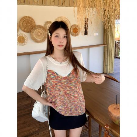 BY13344# 夏季新款胖mm大码女小香风镂空撞色短袖针织衫设计感上衣 服裝批發女裝批發服飾貨源