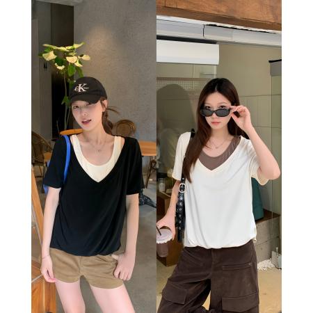 BY13345# 夏装新款胖mm大码女撞色假两件镂空短袖T恤设计感V领上衣 服裝批發女裝批發服飾貨源