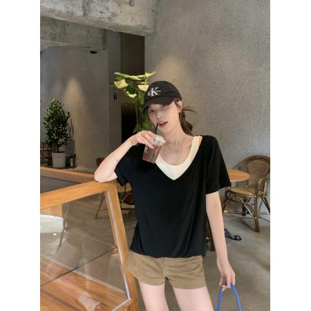 BY13345# 夏装新款胖mm大码女撞色假两件镂空短袖T恤设计感V领上衣 服裝批發女裝批發服飾貨源