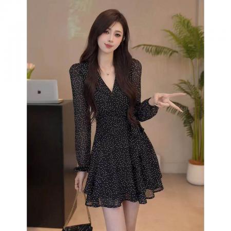 BY13346# 法式黑色波点碎花连衣裙子女夏装新款早春季特别漂亮掐腰短裙 服裝批發女裝批發服飾貨源