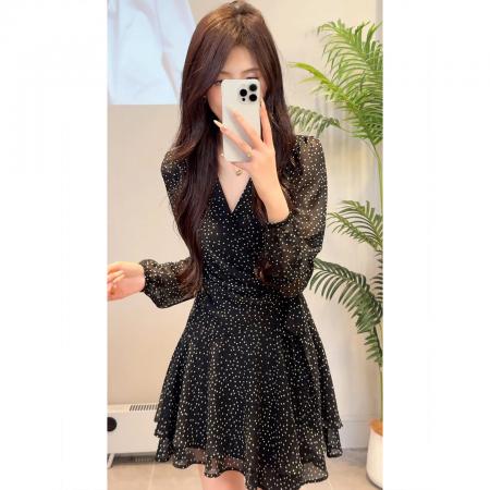 BY13346# 法式黑色波点碎花连衣裙子女夏装新款早春季特别漂亮掐腰短裙 服裝批發女裝批發服飾貨源