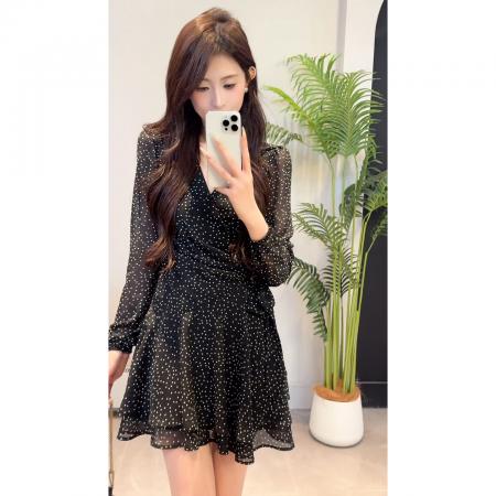 BY13346# 法式黑色波点碎花连衣裙子女夏装新款早春季特别漂亮掐腰短裙 服裝批發女裝批發服飾貨源