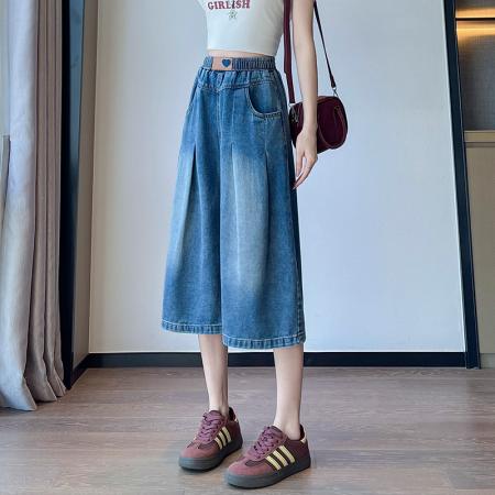 BY13347# 牛仔裤宽松紧高腰直筒阔腿裙裤显瘦七分裤加肥大码女装230斤 服裝批發女裝批發服飾貨源