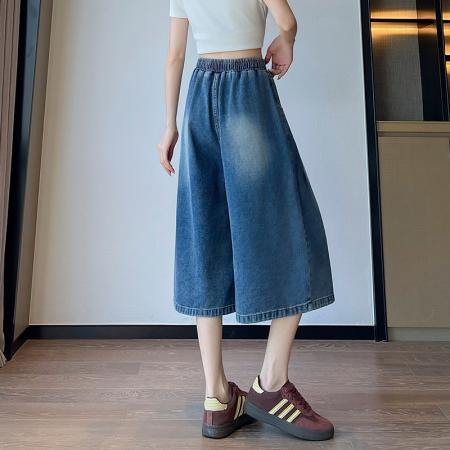 BY13347# 牛仔裤宽松紧高腰直筒阔腿裙裤显瘦七分裤加肥大码女装230斤 服裝批發女裝批發服飾貨源