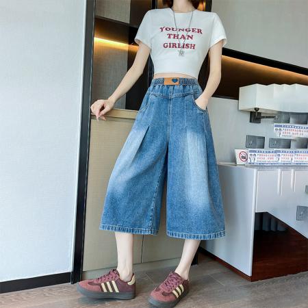 BY13347# 牛仔裤宽松紧高腰直筒阔腿裙裤显瘦七分裤加肥大码女装230斤 服裝批發女裝批發服飾貨源