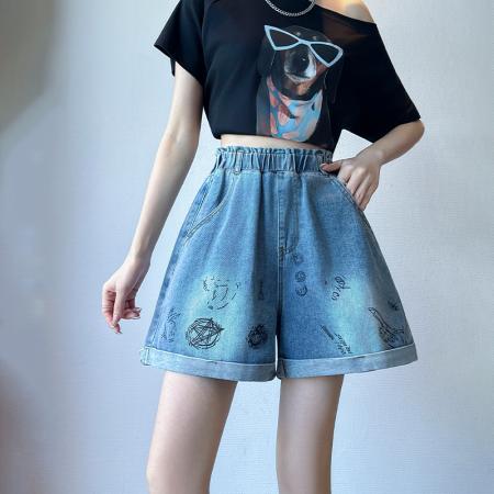 BY13348# 印花牛仔短裤a字宽松紧高腰阔腿遮肉显瘦大码女装胖mm230斤 服裝批發女裝批發服飾貨源