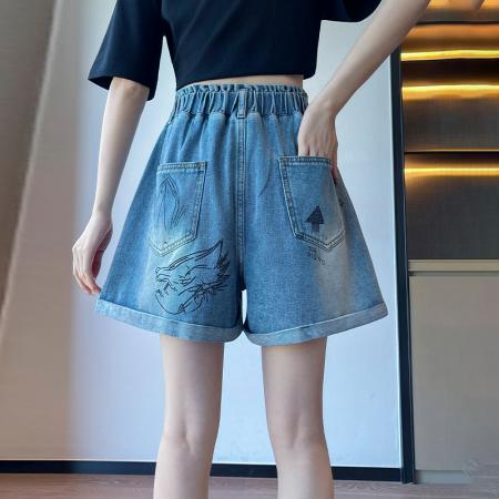 BY13348# 印花牛仔短裤a字宽松紧高腰阔腿遮肉显瘦大码女装胖mm230斤 服裝批發女裝批發服飾貨源