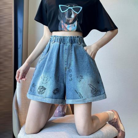 BY13348# 印花牛仔短裤a字宽松紧高腰阔腿遮肉显瘦大码女装胖mm230斤 服裝批發女裝批發服飾貨源