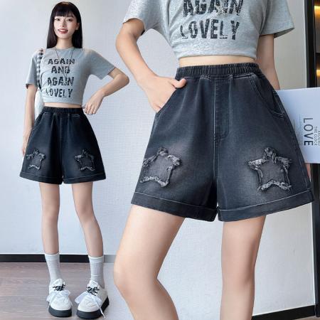 BY13349# 黑色牛仔短裤星星绣花宽松高腰阔腿显瘦加大码女装胖mm230斤 服裝批發女裝批發服飾貨源
