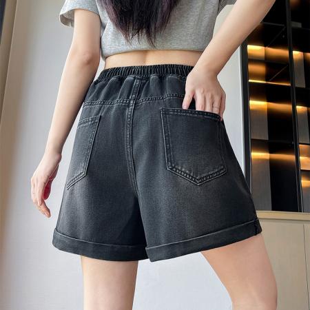 BY13349# 黑色牛仔短裤星星绣花宽松高腰阔腿显瘦加大码女装胖mm230斤 服裝批發女裝批發服飾貨源