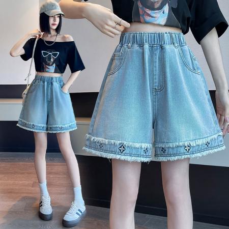 BY13350# 绣花牛仔短裤宽松高腰阔腿毛边遮肉显瘦加大码女装胖mm230斤 服裝批發女裝批發服飾貨源