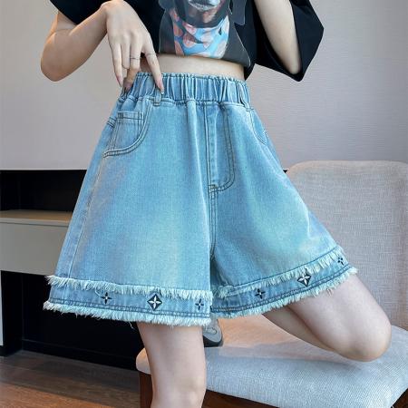 BY13350# 绣花牛仔短裤宽松高腰阔腿毛边遮肉显瘦加大码女装胖mm230斤 服裝批發女裝批發服飾貨源