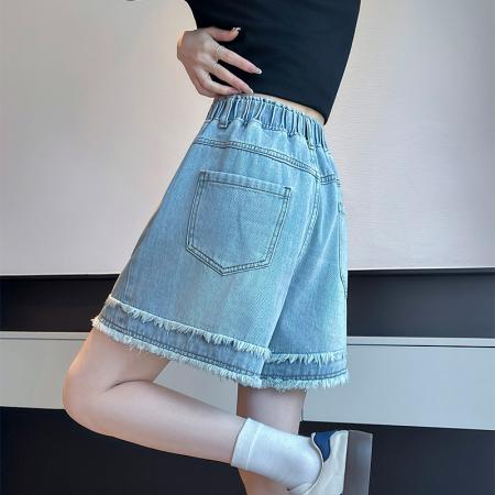BY13350# 绣花牛仔短裤宽松高腰阔腿毛边遮肉显瘦加大码女装胖mm230斤 服裝批發女裝批發服飾貨源