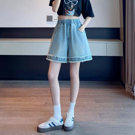 BY13350# 绣花牛仔短裤宽松高腰阔腿毛边遮肉显瘦加大码女装胖mm230斤 服裝批發女裝批發服飾貨源