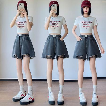 BY13351# 黑色牛仔短裤女宽松高腰阔腿毛边遮肉显瘦大码女装胖mm230斤 服裝批發女裝批發服飾貨源