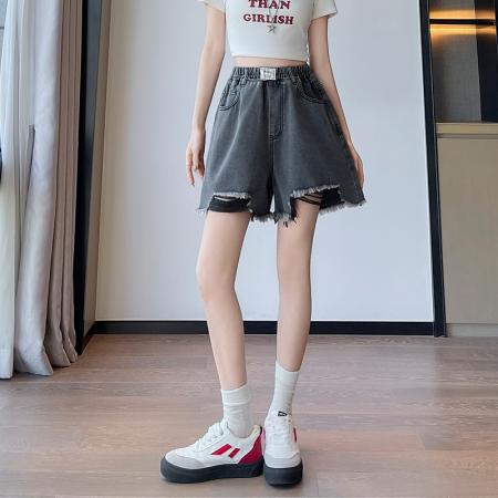 BY13351# 黑色牛仔短裤女宽松高腰阔腿毛边遮肉显瘦大码女装胖mm230斤 服裝批發女裝批發服飾貨源