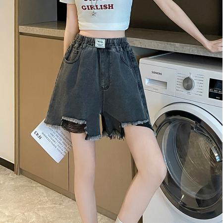 BY13351# 黑色牛仔短裤女宽松高腰阔腿毛边遮肉显瘦大码女装胖mm230斤 服裝批發女裝批發服飾貨源