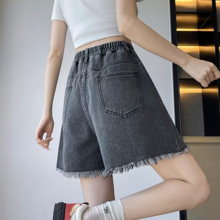 BY13351# 黑色牛仔短裤女宽松高腰阔腿毛边遮肉显瘦大码女装胖mm230斤 服裝批發女裝批發服飾貨源