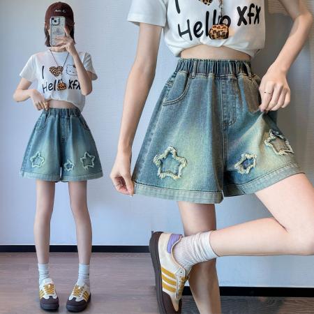 BY13352# 牛仔短裤星星绣花宽松高腰阔腿遮肉显瘦加大码女装胖mm230斤 服裝批發女裝批發服飾貨源