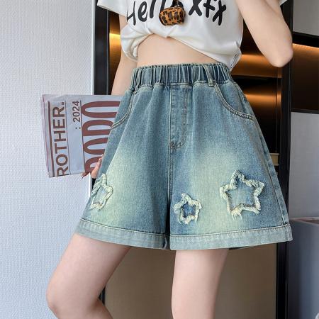 BY13352# 牛仔短裤星星绣花宽松高腰阔腿遮肉显瘦加大码女装胖mm230斤 服裝批發女裝批發服飾貨源