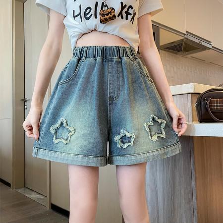 BY13352# 牛仔短裤星星绣花宽松高腰阔腿遮肉显瘦加大码女装胖mm230斤 服裝批發女裝批發服飾貨源