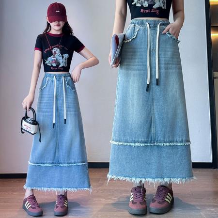 BY13354# 牛仔裙半身裙休闲宽松紧高腰遮肉显瘦百搭韩版大码女装230斤 服裝批發女裝批發服飾貨源