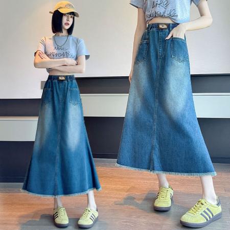 BY13355# A字牛仔裙半身裙休闲宽松紧高腰遮肉显瘦韩版大码女装230斤 服裝批發女裝批發服飾貨源