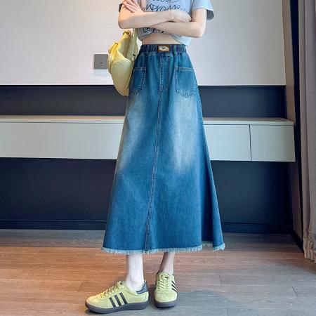 BY13355# A字牛仔裙半身裙休闲宽松紧高腰遮肉显瘦韩版大码女装230斤 服裝批發女裝批發服飾貨源