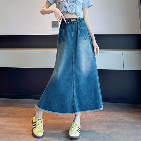 BY13355# A字牛仔裙半身裙休闲宽松紧高腰遮肉显瘦韩版大码女装230斤 服裝批發女裝批發服飾貨源