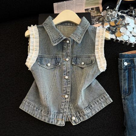 BY13357# 设计感重工钉珠蕾丝拼接牛仔马甲女春夏宽松复古无袖坎肩外套 服裝批發女裝批發服飾貨源