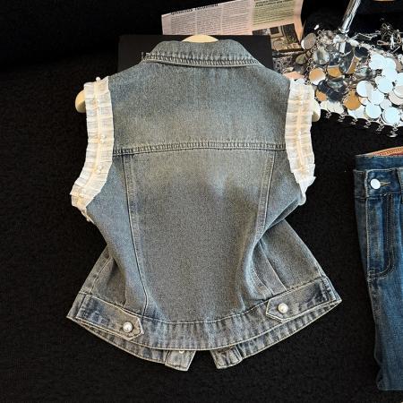 BY13357# 设计感重工钉珠蕾丝拼接牛仔马甲女春夏宽松复古无袖坎肩外套 服裝批發女裝批發服飾貨源