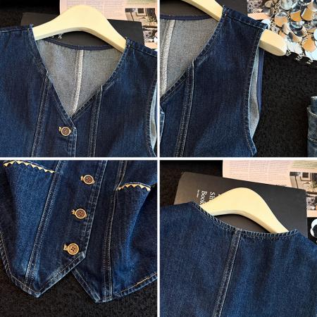 BY13358# 复古贝壳绣牛仔马甲背心女春季新款叠穿坎肩短外套上衣 服裝批發女裝批發服飾貨源