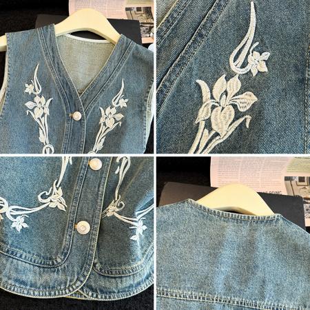 BY13359# 春夏新款重工刺绣花朵牛仔马甲女宽松无袖背心外套上衣潮 服裝批發女裝批發服飾貨源