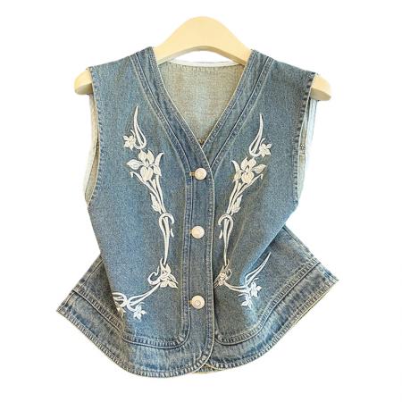 BY13359# 春夏新款重工刺绣花朵牛仔马甲女宽松无袖背心外套上衣潮 服裝批發女裝批發服飾貨源