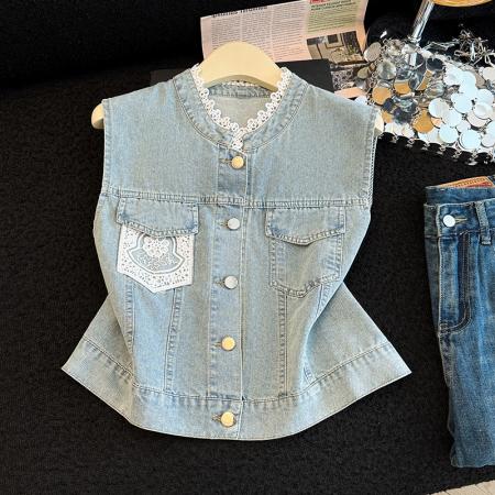BY13360# 蕾丝牛仔马甲女薄款夏季新款小个子短款外搭坎肩背心外套 服裝批發女裝批發服飾貨源