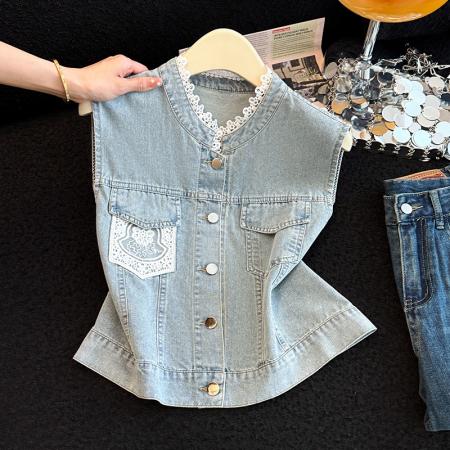 BY13360# 蕾丝牛仔马甲女薄款夏季新款小个子短款外搭坎肩背心外套 服裝批發女裝批發服飾貨源