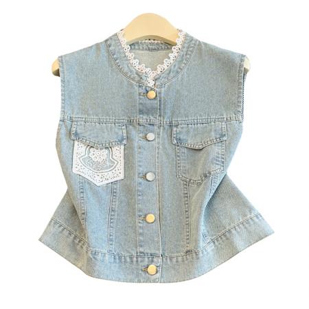 BY13360# 蕾丝牛仔马甲女薄款夏季新款小个子短款外搭坎肩背心外套 服裝批發女裝批發服飾貨源