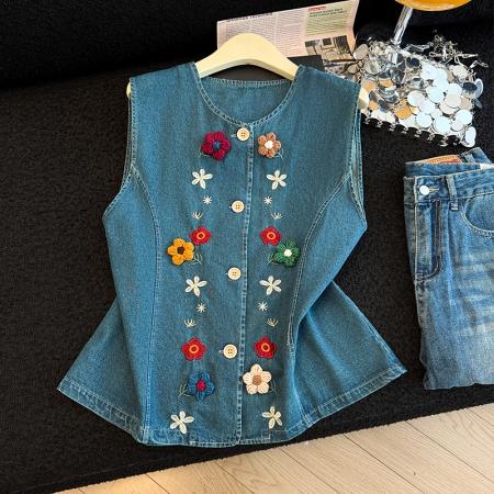 BY13361# 韩系复古重工花朵牛仔马甲女士百搭显瘦叠穿背心夏季新款 服裝批發女裝批發服飾貨源