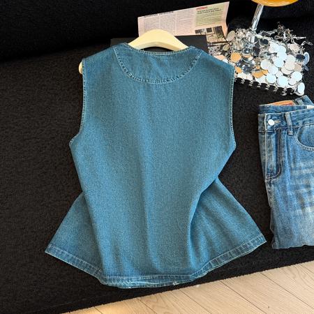 BY13361# 韩系复古重工花朵牛仔马甲女士百搭显瘦叠穿背心夏季新款 服裝批發女裝批發服飾貨源