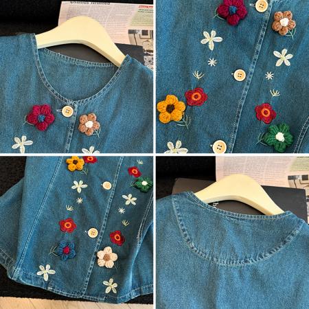 BY13361# 韩系复古重工花朵牛仔马甲女士百搭显瘦叠穿背心夏季新款 服裝批發女裝批發服飾貨源