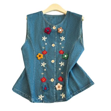 BY13361# 韩系复古重工花朵牛仔马甲女士百搭显瘦叠穿背心夏季新款 服裝批發女裝批發服飾貨源