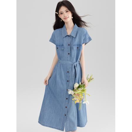 BY13362# 法式复古气质绑带收腰牛仔连衣裙女新款夏季漂亮短袖裙子 服裝批發女裝批發服飾貨源