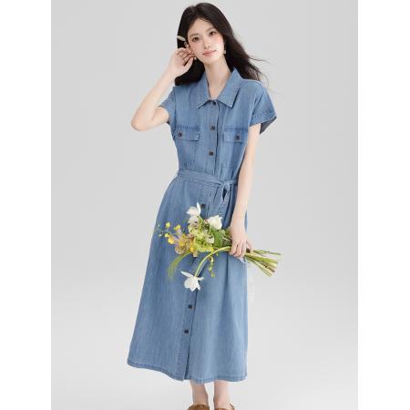 BY13362# 法式复古气质绑带收腰牛仔连衣裙女新款夏季漂亮短袖裙子 服裝批發女裝批發服飾貨源