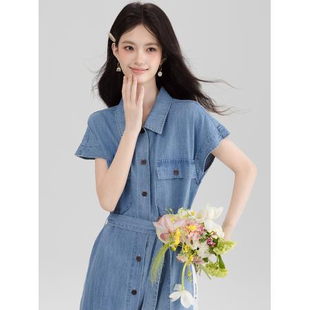 BY13362# 法式复古气质绑带收腰牛仔连衣裙女新款夏季漂亮短袖裙子 服裝批發女裝批發服飾貨源